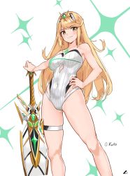 Rule 34 | 1girl, bare arms, bare legs, blonde hair, breasts, chest jewel, covered navel, feet out of frame, hand on own hip, highres, large breasts, long hair, mythra (radiant beach) (xenoblade), mythra (xenoblade), nintendo, oliver koito, one-piece swimsuit, skindentation, smile, solo, strapless, strapless one-piece swimsuit, swept bangs, swimsuit, sword, thigh strap, tiara, very long hair, weapon, white background, white one-piece swimsuit, xenoblade chronicles (series), xenoblade chronicles 2