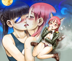 Rule 34 | 2girls, animal ears, black hair, blouse, blunt bangs, blush, breasts, cleavage, closed eyes, dog ears, french kiss, grabbing own breast, hand to own mouth, hand under clothes, imagining, in heat, kiss, minna-dietlinde wilcke, multiple girls, no pants, open clothes, open shirt, panties, red eyes, red hair, red panties, sakamoto mio, shirt, sitting, strike witches, tail, underwear, world witches series, yuri