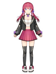 Rule 34 | 1girl, arms at sides, bad id, bad pixiv id, black choker, black jacket, black thighhighs, blush, breasts, choker, cleavage, clenched hand, full body, cube hair ornament, hair ornament, jacket, kurata rine, looking at viewer, medium breasts, navel, original, purple eyes, red hair, red skirt, shoes, simple background, skirt, sneakers, solo, standing, straight-on, tachi-e, thighhighs, twintails, white background, white footwear