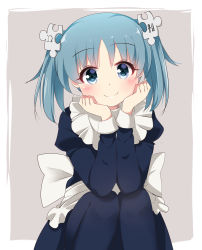 Rule 34 | 1girl, absurdres, apron, blue dress, blue eyes, blue hair, blush, closed mouth, commentary, dress, feet out of frame, grey background, hair ornament, highres, ikazu401, juliet sleeves, long sleeves, looking at viewer, maid, maid apron, puffy sleeves, simple background, sitting, smile, solo, twintails, waist apron, white apron, wikipe-tan, wikipedia