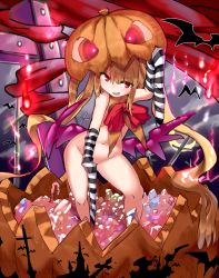Rule 34 | 1girl, akai ikuto, arm warmers, bow, bowtie, brown hair, candy, candy cane, commentary request, contrapposto, fang, food, halloween, hand up, highres, jack-o&#039;-lantern, lollipop, long hair, looking at viewer, navel, nude, original, pumpkin, red bow, red bowtie, red eyes, smile, solo, standing, striped, twintails, very long hair