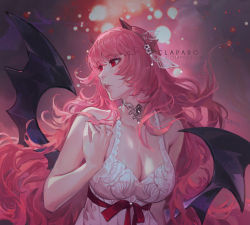 Rule 34 | 1girl, bare shoulders, breasts, claparo, cleavage, commentary, commission, demon girl, demon horns, dress, english commentary, english text, horns, jewelry, large breasts, looking to the side, original, parted lips, pink hair, red eyes, red horns, red ribbon, ribbon, simple background, solo, upper body, white dress