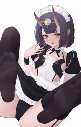 Rule 34 | 1girl, absurdres, black thighhighs, fate/grand order, fate (series), feet, garter straps, highres, horns, looking at viewer, maid, medium hair, open mouth, panties, pointy ears, porridge for lunch, purple eyes, purple hair, shuten douji (fate), soles, thighhighs, toes, underwear