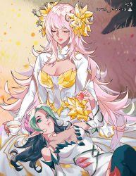 Rule 34 | 2girls, celestial archer alexandra (dungeon and fighter), cleavage cutout, closed eyes, clothing cutout, cup, dungeon and fighter, eating, flower queen blossom, kasy, long hair, lying on lap, multiple girls, pink hair, plant hair, pointy ears, sitting, teacup, thighhighs, walnut
