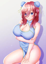 Rule 34 | 1girl, arm under breasts, blue dress, blue eyes, bottomless, breasts, brown hair, bun cover, china dress, chinese clothes, cleavage cutout, closed mouth, clothing cutout, commentary request, double bun, dress, go-toubun no hanayome, hair bun, highres, holding own arm, large breasts, long hair, long hair between eyes, looking at viewer, nabeshiita (atsuryoku nabe), nakano miku, pelvic curtain, simple background, sleeveless, sleeveless dress, smile, solo, thighs