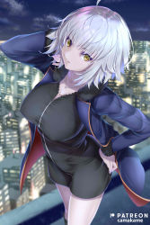 Rule 34 | 1girl, absurdres, ahoge, black dress, breasts, coat, dress, fate/grand order, fate (series), fur-trimmed coat, fur trim, highres, jeanne d&#039;arc (fate), jeanne d&#039;arc alter (fate), jeanne d&#039;arc alter (ver. shinjuku 1999) (fate), kamehito, large breasts, long sleeves, looking at viewer, official alternate costume, open clothes, open coat, short dress, short hair, silver hair, solo, wicked dragon witch ver. shinjuku 1999, yellow eyes