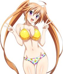 Rule 34 | 1girl, absurdres, bikini, blush, breasts, cleavage, double v, high school dxd, highres, large breasts, legs, long hair, looking at viewer, navel, official art, open mouth, orange hair, purple eyes, shidou irina, smile, swimsuit, thighs, twintails, v, yellow bikini