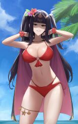 Rule 34 | 1girl, alternate costume, bikini, black eyes, black hair, blue sky, breasts, cape, cleavage, commentary, cowboy shot, english commentary, female focus, fire emblem, fire emblem awakening, fire emblem heroes, flower, grin, hair flower, hair ornament, highres, large breasts, long hair, looking at viewer, matching hair/eyes, multi-strapped bikini, navel, nintendo, o-ring, o-ring top, ocean, official alternate costume, palm tree, parted lips, red bikini, red flower, shou illust, sky, smile, solo, standing, swimsuit, tharja (fire emblem), tharja (summer) (fire emblem), tiara, tree, two side up