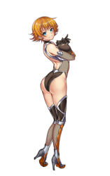 Rule 34 | 1girl, ass, backless outfit, bare shoulders, black gloves, blue eyes, breast lift, breasts, covered erect nipples, fishnets, full body, gloves, high heels, highres, igawa sakura, large breasts, leotard, looking at viewer, looking back, orange hair, short hair, simple background, smile, solo, standing, taimanin (series), taimanin asagi, thighhighs, tomboy, unkobako, white background