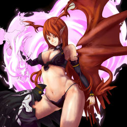 Rule 34 | 1girl, armpits, bare shoulders, breasts, cleavage, demon girl, earrings, elbow gloves, female focus, gloves, horns, jewelry, long hair, lord of vermilion, nail polish, navel, panties, pointy ears, red eyes, red hair, ring, single wing, smile, solo, demon girl, succubus (lord of vermilion), thong, underwear, wings