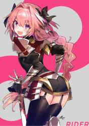 Rule 34 | 1boy, armor, ass, astolfo (fate), bad id, bad pixiv id, black bow, black dress, black thighhighs, blush, bow, braid, dress, fang, fate/apocrypha, fate (series), faulds, gauntlets, hair between eyes, hair bow, hair intakes, hayama eishi, highres, juliet sleeves, long braid, long hair, long sleeves, looking at viewer, looking back, male focus, multicolored hair, open mouth, pauldrons, pink hair, puffy sleeves, purple eyes, short dress, shoulder armor, single braid, smile, solo, streaked hair, thighhighs, thighs, trap, white hair