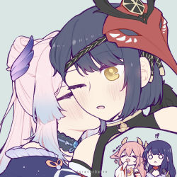 Rule 34 | !?, 4girls, bare shoulders, bird mask, black hair, blue hair, blue horns, bow-shaped hair, choker, closed eyes, commentary, covering own mouth, english commentary, english text, facing another, forever9nine, frilled choker, frills, genshin impact, gradient hair, grey background, hand over own mouth, horns, kiss, kissing cheek, kujou sara, long hair, long sleeves, looking at another, mask, mask on head, multicolored hair, multiple girls, o o, one eye closed, open mouth, pink hair, raiden shogun, sangonomiya kokomi, short hair, upper body, wide sleeves, yae miko, yellow eyes, yuri