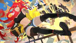 Rule 34 | 2girls, 3boys, arm tattoo, bag, banknote, belt, boots, breasts, commentary, commission, denim, denim shorts, elly (vtuber), english commentary, explosion, explosive, gloves, green eyes, grenade, highres, indie virtual youtuber, large breasts, long hair, midriff, money, multiple boys, multiple girls, navel, police, police uniform, ponytail, red hair, shorts, skeb commission, sports bra, tattoo, teeth, thighhighs, uniform, uyuyuun, very long hair, virtual youtuber