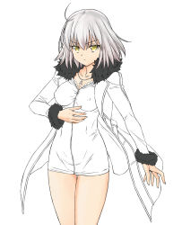 Rule 34 | 1girl, bonza, breasts, covered erect nipples, fate/grand order, fate (series), fur trim, highres, jacket, jeanne d&#039;arc (fate), jeanne d&#039;arc alter (fate), jeanne d&#039;arc alter (ver. shinjuku 1999) (fate), jewelry, looking at viewer, necklace, official alternate costume, silver hair, simple background, solo, white background, yellow eyes