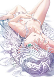 Rule 34 | 1girl, absurdres, barefoot, bed sheet, breasts, elf, fantasy, feet, green eyes, hand on own chest, hand over eye, highres, kein hasegawa, long hair, looking at viewer, on bed, original, pointy ears, shirt, small breasts, smile, soles, very long hair, white hair, white shirt