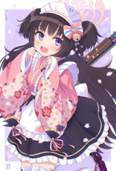 Rule 34 | 1girl, :d, apron, bell, black hair, blue archive, bow, commentary request, frilled apron, frilled skirt, frills, gun, gun on back, hair bell, hair between eyes, hair bow, hair ornament, halo, highres, lolita fashion, long hair, long sleeves, looking at viewer, maid headdress, open mouth, purple eyes, shizuko (blue archive), shotgun, sidelocks, skirt, smile, solo, standing, standing on one leg, thighhighs, two side up, wa lolita, weapon, weapon on back, wide sleeves, yuu2, zettai ryouiki