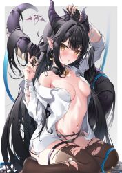 Rule 34 | 1girl, absurdres, animal collar, arm up, bandaged arm, bandages, black collar, black garter belt, black hair, black nails, black panties, black thighhighs, blush, breasts, collar, commentary, dragon girl, dragon horns, dragon tail, dress shirt, full body, garter belt, hair lift, hair spread out, hair tie, hair tie in mouth, hand in own hair, highres, holding, holding hair, horns, jewelry, long hair, long sleeves, mouth hold, navel, nekoya minamo, no bra, off shoulder, open clothes, open shirt, original, panties, pendant, pointy ears, shirt, sitting, small breasts, solo, tail, thigh strap, thighhighs, torn clothes, torn thighhighs, tying hair, underwear, very long hair, wariza, white shirt, yellow eyes