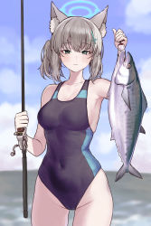 Rule 34 | 1girl, absurdres, animal ear fluff, animal ears, black one-piece swimsuit, blue archive, blue eyes, blue sky, breasts, chroong, cloud, commentary request, competition swimsuit, contrail, covered navel, cowboy shot, cross hair ornament, day, extra ears, fish, fishing rod, grey hair, hair ornament, halo, highres, horizon, korean commentary, looking at viewer, medium breasts, medium hair, mismatched pupils, multicolored clothes, multicolored swimsuit, ocean, one-piece swimsuit, outdoors, shiroko (blue archive), shiroko (swimsuit) (blue archive), sky, solo, standing, swimsuit, water