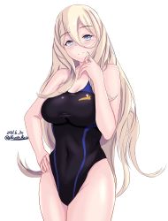 Rule 34 | 1girl, black one-piece swimsuit, blonde hair, blue eyes, breasts, competition swimsuit, dated, hair between eyes, highleg, highleg swimsuit, highres, kantai collection, large breasts, long hair, looking at viewer, mole, mole under eye, mole under mouth, montemasa, one-piece swimsuit, richelieu (kancolle), simple background, solo, swimsuit, twitter username, white background