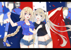 Rule 34 | 2018 fifa world cup, 2girls, absurdres, blonde hair, blue eyes, braid, breasts, cleavage, denim, denim shorts, fate/apocrypha, fate/grand order, fate (series), french flag, highres, jeanne d&#039;arc (fate), jeanne d&#039;arc (ruler) (fate), jeanne d&#039;arc alter (fate), long hair, looking at viewer, marie antoinette (fate), marie antoinette (fate/grand order), marie antoinette (swimsuit caster) (fate), medium breasts, multiple girls, open mouth, purple eyes, shorts, single braid, sky-mk2, smile, soccer, soccer uniform, sportswear, twintails, very long hair, world cup