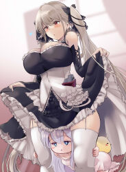 Rule 34 | 2girls, azur lane, bare shoulders, between legs, blue eyes, blush, breasts, chestnut mouth, commentary request, formidable (azur lane), garter straps, grey hair, highres, large breasts, le malin (azur lane), manjuu (azur lane), multiple girls, red eyes, thighhighs, tonchinkan, twintails, white thighhighs
