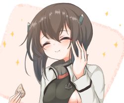 Rule 34 | 1girl, anchor, brown hair, commentary request, cookie, eating, closed eyes, flat chest, food, headband, headgear, kantai collection, kasashi (kasasi008), muneate, pink background, smile, solo, sparkle, taihou (kancolle), two-tone background, wavy mouth, white background, white day
