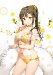 Rule 34 | 1girl, :d, air bubble, anmi, bare shoulders, bikini, blush, bow, bow bikini, breasts, brown hair, bubble, candy, collarbone, commentary request, cowboy shot, crop top, dot nose, food, fruit, hair bow, hair ornament, hairclip, halterneck, highres, holding, holding candy, holding food, holding lollipop, holding swim ring, innertube, lemon, lemon slice, lollipop, long hair, looking at viewer, medium breasts, midriff peek, mole, mole under mouth, off-shoulder shirt, off shoulder, open mouth, original, ponytail, see-through, shirt, smile, solo, standing, swim ring, swimsuit, white bow, white shirt, wrist bow, wristband, yellow bikini, yellow bow, yellow eyes