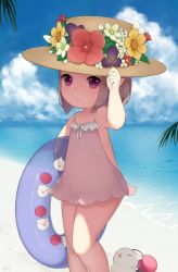Rule 34 | 1girl, arm up, armpits, ayuanlv, beach, brown eyes, brown hair, casual one-piece swimsuit, cloud, day, final fantasy, final fantasy xiv, flower, hand on headwear, hat, hat flower, highres, innertube, lalafell, moogle, ocean, one-piece swimsuit, outdoors, pointy ears, short hair, sky, smile, solo, sun hat, swim ring, swimsuit, swimsuit skirt, water