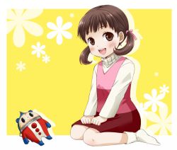 Rule 34 | 1girl, atlus, bad id, bad pixiv id, blush, brown eyes, brown hair, child, doujima nanako, female focus, full body, open mouth, persona, persona 4, short hair, sitting, skirt, smile, solo, twintails, usako (meco), wariza