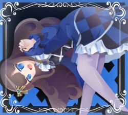 Rule 34 | 1girl, :d, black ribbon, blue background, blue dress, blue eyes, border, brown hair, commentary request, dress, fang, frilled dress, frills, hair ribbon, hand up, highres, kurosu aroma, long hair, long sleeves, looking at viewer, nohoshio, open mouth, pantyhose, pretty series, pripara, ribbon, smile, solo