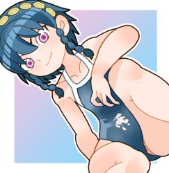 Rule 34 | 1girl, azuma tobera, bare arms, bare shoulders, blue hair, blue one-piece swimsuit, braid, closed mouth, collarbone, cum, hair between eyes, mato seihei no slave, one-piece swimsuit, outline, pink eyes, short hair, sicky (pit-bull), sitting, smile, solo, split mouth, swimsuit, twin braids, white outline