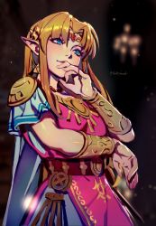 Rule 34 | 1girl, armor, bead necklace, beads, blonde hair, blue eyes, bracelet, cape, circlet, crossed arms, datcravat, gold, highres, jewelry, long hair, necklace, nintendo, parted bangs, pointy ears, princess zelda, shoulder armor, sidelocks, solo, super smash bros., the legend of zelda, the legend of zelda: a link between worlds, white cape