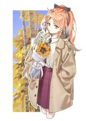 Rule 34 | 1girl, alternate costume, arknights, awakeningdog, bouquet, brown coat, buttons, character name, coat, cowboy shot, cropped legs, feather hair, flower, hand in pocket, highres, holding, holding bouquet, long hair, looking at viewer, mole, mole under eye, necktie, open clothes, open coat, orange eyes, orange hair, pinecone, pinecone (arknights), pleated skirt, ponytail, red necktie, red skirt, school uniform, shirt, skirt, solo, tree, white flower, white shirt, yellow flower