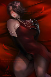 Rule 34 | 1girl, armlet, artist name, bare shoulders, black hair, breasts, cinder fall, claws, covering privates, covering crotch, custom waifus, dress, elbow gloves, eyepatch, feathers, gloves, hair over one eye, half mask, hand on own chest, large breasts, looking at viewer, looking to the side, lying, mask, on back, on bed, open mouth, panties, pantyhose, rwby, scar, short hair, solo, underwear, yellow eyes