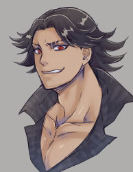 Rule 34 | 1boy, bad id, bad pixiv id, black hair, giga omega, grin, high collar, jojo no kimyou na bouken, large pectorals, male focus, muscular, muscular male, pectoral cleavage, pectorals, red eyes, smile, solo, stardust crusaders, steely dan, v-neck