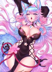 Rule 34 | 1girl, animal ear fluff, animal ears, artist name, black kimono, black sleeves, blue eyes, blue hair, breasts, cleavage, cleavage cutout, clothing cutout, commentary, covered navel, detached sleeves, english commentary, fangs, flower, hair flower, hair ornament, highres, hip vent, japanese clothes, kimono, large breasts, long hair, looking at viewer, maiulive, multicolored hair, multicolored tail, open mouth, pink hair, pink tail, silvervale, silvervale (sakura goddess), streaked hair, swept bangs, tail, virtual youtuber, vshojo, wolf ears, wolf girl, wolf tail