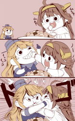 Rule 34 | (o) (o), 10s, 2girls, ahoge, blonde hair, brown hair, chibi, comic, cookie, double bun, eating, female focus, fighting, food, gloves, headgear, iowa (kancolle), ishii hisao, kantai collection, kongou (kancolle), long hair, multiple girls, nontraditional miko, partially colored, silent comic