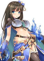Rule 34 | 10s, 1girl, belt, black hair, blue eyes, blue gloves, blush, breasts, cape, female focus, flaming hand, garter straps, gloves, granblue fantasy, idolmaster, idolmaster cinderella girls, iroha (unyun), large breasts, long hair, looking at viewer, navel, parted lips, shibuya rin, simple background, skirt, solo, sword, thighhighs, weapon, white background