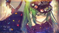 Rule 34 | 1boy, 1girl, badge, black hat, black shirt, blush, button badge, character request, closed mouth, commentary request, enj!, green eyes, green hair, hair between eyes, hand up, hands up, hat, hatsune miku, heart, long hair, long sleeves, looking away, nose blush, peaked cap, shirt, sidelocks, sleeves past wrists, twintails, vocaloid, wavy mouth