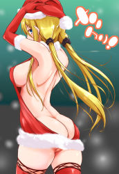 Rule 34 | 1girl, arms up, ass, backless dress, backless outfit, blonde hair, blue eyes, breasts, butt crack, covered erect nipples, dress, elbow gloves, fur trim, gloves, hair ornament, hair scrunchie, hat, highres, kaizuka, large breasts, long hair, low twintails, meme attire, naked sweater, original, red gloves, red sweater, red thighhighs, santa hat, scrunchie, sideboob, solo, sweater, sweater dress, thighhighs, twintails, virgin killer sweater