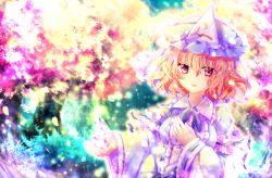 Rule 34 | 1girl, bad id, bad pixiv id, cherry blossoms, colorful, female focus, hand on another&#039;s chest, hand on own chest, hat, highres, japanese clothes, multicolored eyes, pink hair, purple eyes, red eyes, riichu, saigyouji yuyuko, short hair, solo, touhou, yellow eyes