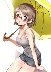Rule 34 | 1girl, absurdres, arm support, blue eyes, blush, breasts, cleavage, collarbone, covered erect nipples, denim, denim shorts, glasses, grey hair, grey shirt, hair between eyes, highres, light brown hair, looking at viewer, love live!, love live! sunshine!!, medium breasts, red-framed eyewear, sankuro (agoitei), scan, shirt, short hair, short shorts, shorts, simple background, sitting, sitting on object, solo, tank top, thighs, umbrella, watanabe you, white background, yellow umbrella