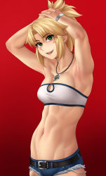 Rule 34 | 1girl, abs, armpits, bare shoulders, blonde hair, blush, braid, breasts, collarbone, fate/apocrypha, fate (series), french braid, green eyes, hair ornament, hair scrunchie, highres, long hair, looking at viewer, mordred (fate), mordred (fate/apocrypha), mordred (memories at trifas) (fate), navel, open mouth, parted bangs, ponytail, red background, red scrunchie, scrunchie, short shorts, shorts, sidelocks, small breasts, smile, sockinajar, solo