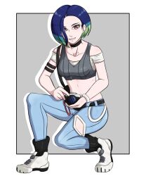 Rule 34 | 1girl, armband, blue hair, brown eyes, camera, creatures (company), crop top, denim, ememtrp, game freak, gradient hair, grey background, grey shirt, highres, holding, holding camera, jeans, looking at viewer, multicolored hair, nintendo, pale skin, pants, perrin (pokemon), pokemon, pokemon sv, shirt, shoes, short hair, simple background, smile, sneakers, squatting