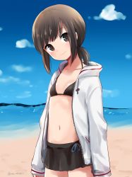 Rule 34 | 1girl, alternate costume, arms at sides, beach, bikini, bikini skirt, bikini under clothes, black bikini, black eyes, black hair, blue ribbon, blue sky, blush, closed mouth, cloud, commentary, cowboy shot, day, drawstring, eyebrows, eyes visible through hair, flat chest, from side, fubuki (kancolle), head tilt, hood, hood down, hooded jacket, ica, jacket, kantai collection, light smile, long sleeves, looking at viewer, low ponytail, navel, ocean, open clothes, open jacket, outdoors, pocket, ribbon, short hair, short ponytail, sidelocks, sketch, sky, smile, solo, standing, stomach, swimsuit, twitter username, unzipped, water, white jacket
