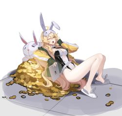 Rule 34 | 1girl, ;o, ahoge, animal ears, animal slippers, armpits, bare legs, belt, black necktie, blonde hair, breasts, bunny slippers, coin, commentary, controlline3, counter:side, detached collar, edith twins, fake animal ears, full body, hair between eyes, hand to own mouth, highleg, highleg leotard, highres, holding, holding tablet pc, jacket, knees up, leaning back, legs, leotard, long hair, long sleeves, looking at viewer, loose belt, lying, medium breasts, multicolored clothes, multicolored jacket, necktie, on back, one eye closed, open clothes, open jacket, open mouth, playboy bunny, rabbit ears, sleep mask, slippers, solo, strapless, strapless leotard, stuffed animal, stuffed rabbit, stuffed toy, tablet pc, tears, two-tone jacket, two-tone leotard, very long hair, wavy hair, white background, wing collar, yawning, yellow eyes, yellow jacket