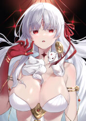 Rule 34 | 1girl, absurdres, armlet, bare shoulders, body markings, bracelet, breasts, cleavage, collarbone, colored skin, durga (fate), earrings, facial mark, fate/grand order, fate (series), forehead mark, gradient skin, grey hair, hair ribbon, highres, hijiri (sacra 0419), jewelry, large breasts, long hair, looking at viewer, open mouth, red eyes, red skin, revealing clothes, ribbon, snake, solo, thumb ring, very long hair
