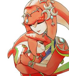 Rule 34 | 1boy, 1girl, blush, breasts, brother and sister, colored skin, closed eyes, fins, fish boy, fish girl, hair ornament, hetero, hug, jewelry, mipha, monster boy, monster girl, multicolored skin, nintendo, no eyebrows, red hair, red skin, sharp teeth, siblings, sidon, smile, teeth, the legend of zelda, the legend of zelda: breath of the wild, aged down, zora