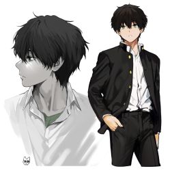 Rule 34 | 1boy, arm at side, black hair, black pants, closed mouth, collarbone, collared shirt, commentary request, cowboy shot, cropped legs, dress shirt, expressionless, gakuran, green eyes, hair between eyes, hand in pocket, highres, hyouka, jacket, kamiyama high school uniform (hyouka), long sleeves, looking at viewer, looking to the side, male focus, mery (yangmalgage), multiple views, open clothes, open jacket, oreki houtarou, pants, parted lips, profile, school uniform, shirt, shirt tucked in, signature, simple background, white background, white shirt, wing collar