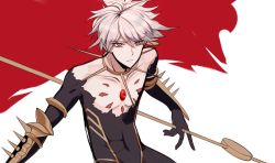 Rule 34 | 1boy, bishounen, bodysuit, cape, chest jewel, closed mouth, collar, commentary request, fate/apocrypha, fate (series), gem, grey eyes, hair between eyes, holding, holding weapon, hona (pixiv7939518), karna (fate), looking at viewer, male focus, metal collar, polearm, purple hair, red cape, solo, spikes, upper body, weapon, white background